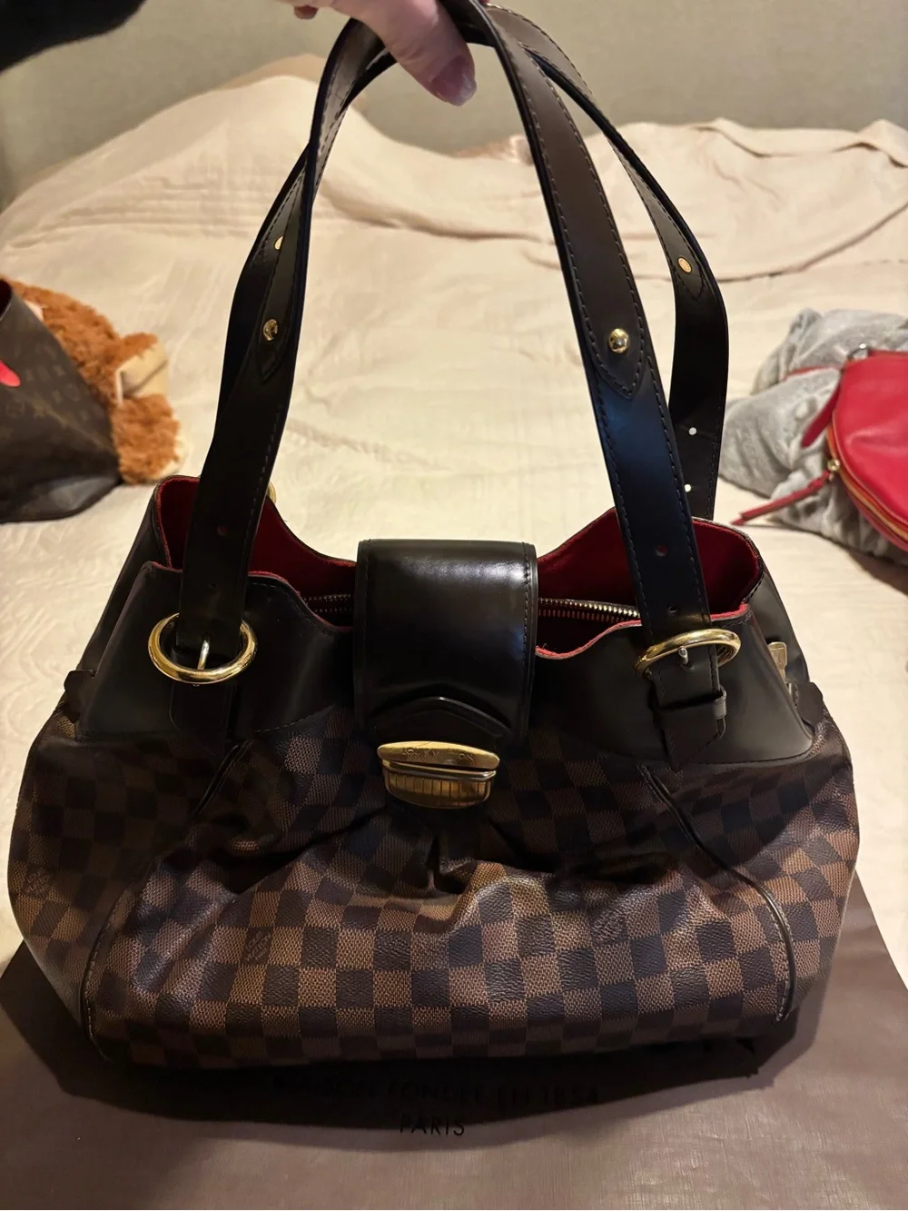 Louis Vuitton Damier Ebene Shoulder Bag with Gold Hardware